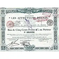 Part bénéficiaire avec tampons et mentions légales et signatures des directeurs de la société.