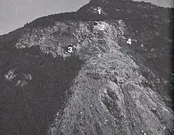 La Roche Pourrie : 1 - éboulement de 1937 2 - éboulement de 1977 3 et  4 écailles jugées dangereuses par le BRGM