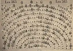 Feuille imprimée reproduisant trois cent soixante-trois portraits photographiques en médaillons disposés en éventail.