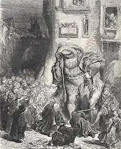 Un personnage se fait battre devant une foule, Pantagruel et ses compagnons.