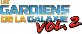 Première ligne avec "LES" en jaune. Deuxième ligne avec "GARDIENS" en bleu. Troisième ligne avec "DE LA" en jaune puis "GALAXIE" en bleu. Quatrième ligne avec "VOL. 2" en rouge, légèrement en travers (sur la troisième ligne). Le tout en capitales.