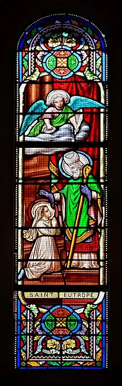 Vitrail représentant saint Eutrope et sainte Eustelle (XIXe&nbsp;siècle), possible œuvre de Jean Besseyrias dans l'église des Mathes (17).