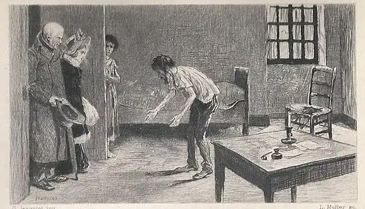 Visite de charité de M. Leblanc (Jean Valjean) et Cosette à la famille Jondrette (Thénardier et sa fille Éponine). Illustration de Pierre Georges Jeanniot.