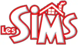 Les Sims est inscrit en grosses lettres blanches bordées de rouge. Au-dessus du M figure un toit de maison avec une fenêtre carrée et une cheminée fumante.