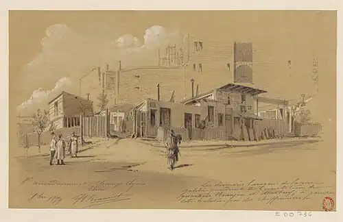 Vue des dernières baraques de la rue Galilée pendant les démolitions des quartiers Beaujon et Marbeuf ; à gauche cité habitée par des chiffonniers (dessin de Jules-Adolphe Chauvet de 1879).