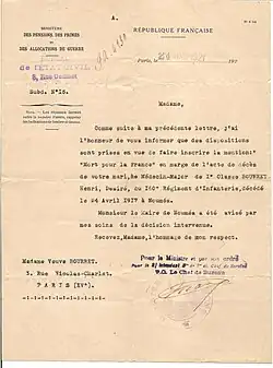 Lettre à Mme Veuve Bourret concernant la mention "Mort pour la France".