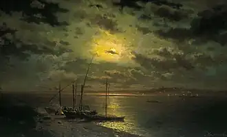 Une nuit, clair de lune sur la rivière, 1870s.