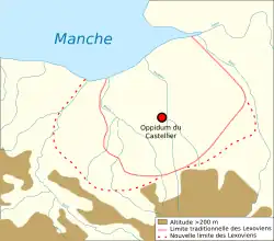 Carte avec relief et cours d'eau montrant les deux limites possibles du territoire des Lexoviens