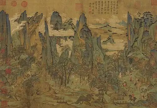 Voyage de l'empereur Minghuang vers Shu, par un artiste anonyme du XIe&nbsp;siècle d'après une composition du VIIIe&nbsp;siècle. Rouleau vertical (détail), encre et couleurs sur soie. Collections du Musée national du Palais.