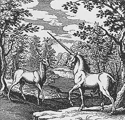 Gravure avec cerf et licorne