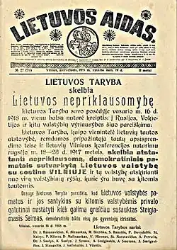 Une d'un vieux journal lituanien publiant la Déclaration.