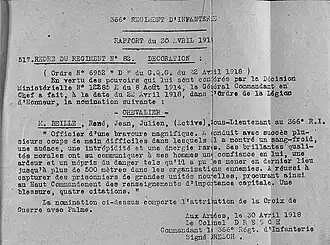 Rapport du 30 avril 1918 concernant la croix de guerre avec palme de René Beille.