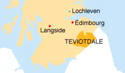 Carte schématisée du sud de l'Écosse n'indiquant que le Teviotdale au sud-est, Édimbourg un peu plus au nord, Lochleven encore un peu plus au nord, et Langside à l'ouest.