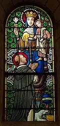 Vitrail, donation du Rosaire à saint Dominique.