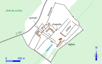 Plan légendé en couleurs des vestiges d'une abbaye.