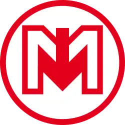 Cercle rouge contenant un M et une flèche indiquant le bas.