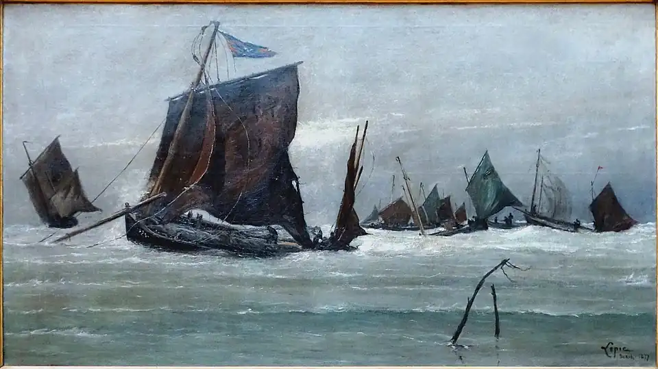 Bateaux de pêche rentrant à Berck (1877), huile sur toile, 127&nbsp;×&nbsp;246&nbsp;cm, Lille, palais des beaux-arts.
