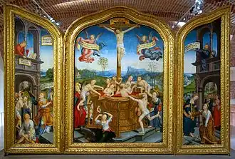  Au centre du triptyque, la croix domine une cuve dans laquelle s’écoule le sang du Christ et où plusieurs personnages se purifient. Sur le volet de droite, la foi accueille sainte Catherine ; sur le volet de gauche saint Jean désigne un texte de l’Apocalypse.