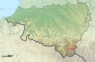 Limites du massif sur la carte en relief des Pyrénées-Atlantiques.
