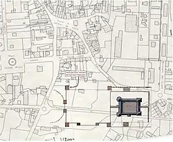 Schéma indiquant l'emplacement du château détruit avec le cadastre actuel.
