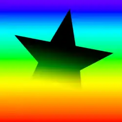 on voit au premier plan une étoile en dégradé noir et blanc à laquelle est appliquée un mode de fusion "densité linéaire +" avec le calque du dessous qui est un dégradé multicolore. Les couleurs claires laissent place aux couleurs les plus sombres avec l'application de ce mode.