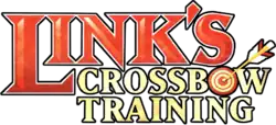 Sur trois lignes, Link's est écrit en rouge en gros caractères, Crossbow Training est inscrit en jaune, dont un o forme une cible dans laquelle est plantée une flèche.
