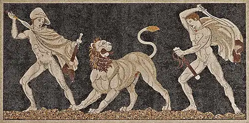 Mosaïque en galets de rivière représentant une chasse au lion à laquelle aurait participé Alexandre. Pella, Grèce, IVe&nbsp;siècle&nbsp;av. J.-C.