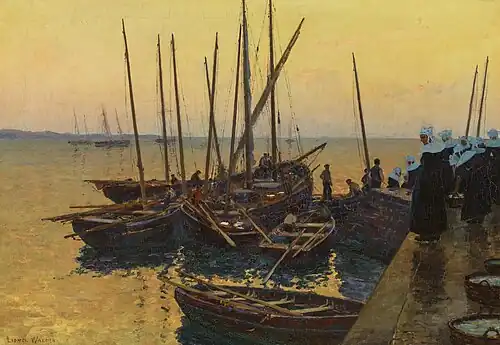 Bateaux de pêche le long de la jetée, huile sur toile, 65&nbsp;×&nbsp;91&nbsp;cm, Collection privée