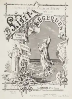 Couverture de partition, gravure représentant Saint François d'Assise prêchant aux oiseaux et Saint François de Paule marchant sur les flots.