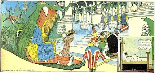 Case d'une bande dessinée en couleurs où un personnage descend de la bouche d'un animal fantastique pour monter un escalier d'un palais.