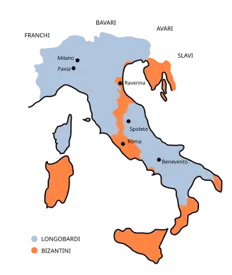 Carte des possessions byzantines en Italie vers 750.