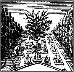 « Un beau rosier fleuri au milieu d'un beau jardin, échelant contre un chêne creux, aux pieds desquels bouillonait une fontaine d'eau très blanche, qui s'allait précipiter dans les abîmes, passant néanmoins premièrement, entre les mains d'infinis peuples qui fouillaient en terre, la cherchant : mais parce qu'ils étaient aveigles, nul ne la connaissait, fors quelqu'un, considérent le poids ».