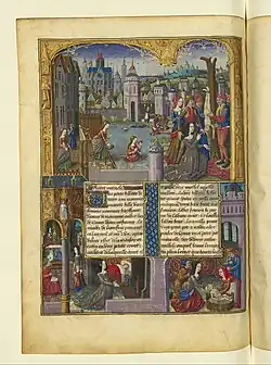 Grande scène de noyade au milieu d'une ville et miracle de la guérison dans deux petites scènes en bas de page.