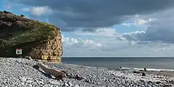 La plage de Llantwit Major, avec des falaises caractéristiques de l'époque géologique du Blue Lias&nbsp;(en) (voir Jurassique inférieur), dans une atmosphère tempétueuse. La mer a déposé un tronc d'arbre sur les galets. Octobre 2023.