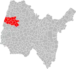 Carte des communes de l'Ain faisant apparaître en rouge celles faisant partie de la communauté de communes de la Veyle.