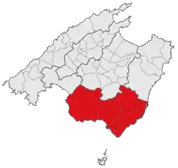 Localisation de la comarque de Migjorn dans l'île de Majorque.