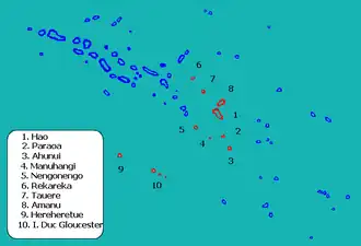 Localisation (9 et 10) des îles du Duc de Gloucester sur la carte des Tuamotus.