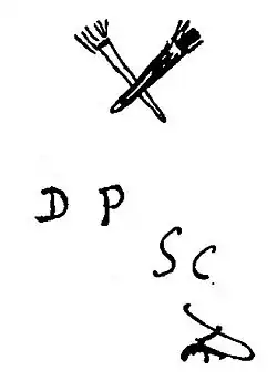 Marque sur écuelle (les lettres en creux) et plateau (les torches en bleu)