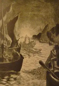 Ronan sur sa jument de pierre (Peters-Desteract et Anbatole Le Braz, Au pays des pardons, 1912)