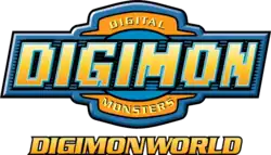 Logo orange et bleu comportant le mot « Digimon » en jaune sur fond bleu.