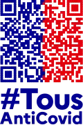 Logo de l'application TousAntiCovid, avec le texte écrit en bleu France.