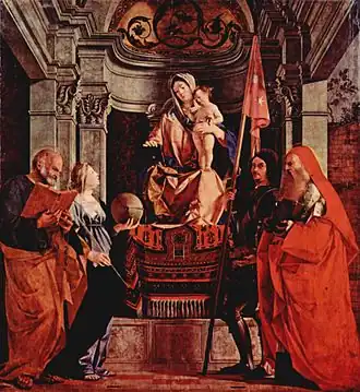 Lorenzo Lotto,&nbsp;Vierge Marie,&nbsp;saint Pierre,&nbsp;Christine de Tyr, saint Libéral et&nbsp;saint Jérôme.