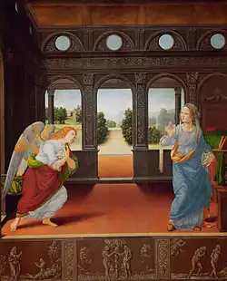 Peinture. L'ange en rouge s'adresse à Marie n bleu ; au centre, une s'allée s'éloigne perpendiculairement vers le fond.