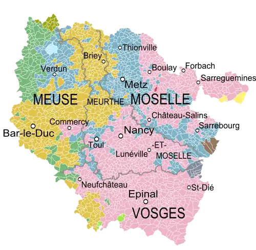 Carte du duché de Lorraine en 1766. Ce duché recouvre l'essentiel des départements actuels des Vosges et de Meurthe-et-Moselle, de la Moselle (hors le sillon Metz-Thionville) et, pour la Meuse, les environs de Commercy.