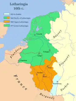 Carte en anglais représentant le territoire de la Lotharingie au Xe&nbsp;siècle