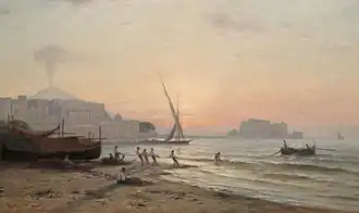 Des pécheurs tirent une barque sur le rivage. Le Vésuve est en arrière plan