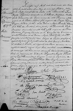 Acte de mariage entre Louis Joseph Papineau et Julie Bruneau. 29 avril 1818. Paroisse Notre-Dame-de-Québec de la ville de Québec.