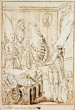 Dessin à la plume pour Le Cabinet des fées, préparatoire à la gravure à droite.