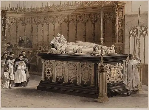 Lithographie par Louis Haghe du tombeau d'Antoine de Lalaing et d'Elisabeth de Culembourg dans l'église Sainte-Catherine de Hoogstraten.
