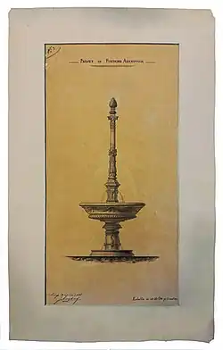 Projet de Joseph Lousberg avec des coquilles Saint-Jacques à la place des dauphins et une pomme de pin à la place de la botteresse, évoquant le perron de Liège.